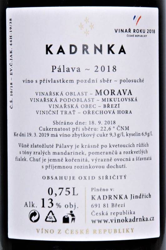 Etiketa K3 Pálava Ořechová hora 