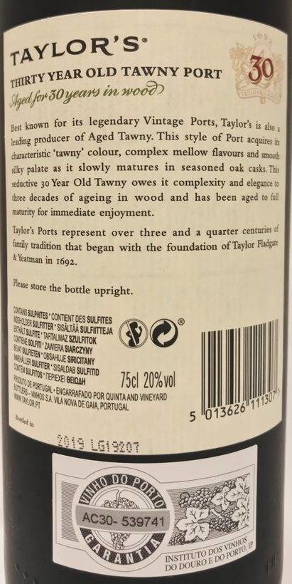 Etiketa Taylor\'s 30 years old Tawny