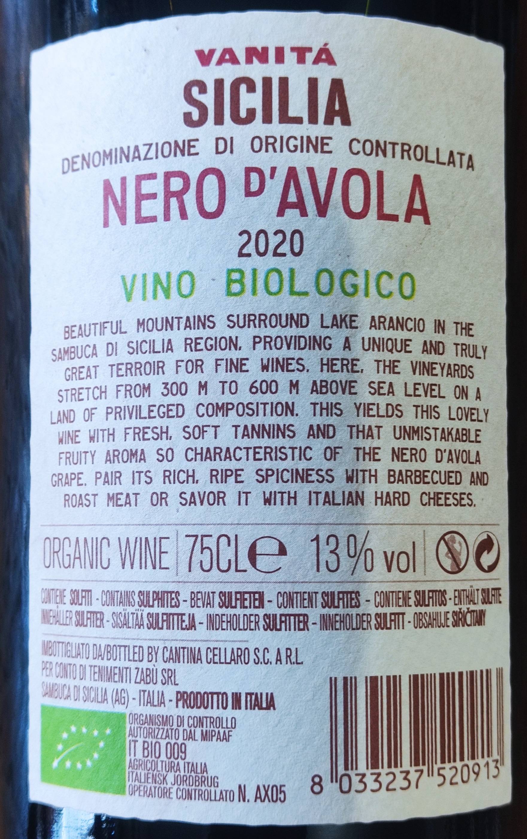 Etiketa Nero d\'Avola Biologico, Vanitá