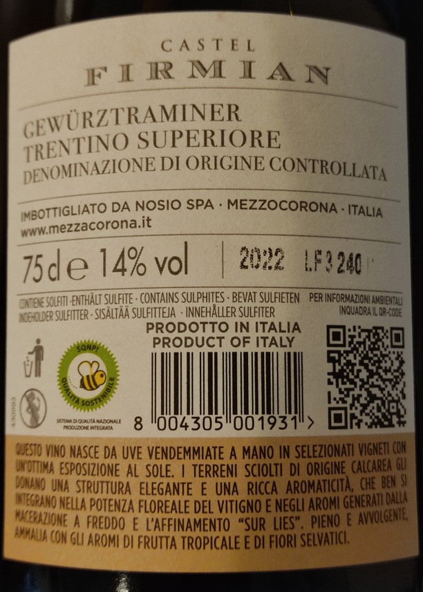 Etiketa Gewürztraminer Superiore-Castel Firmian