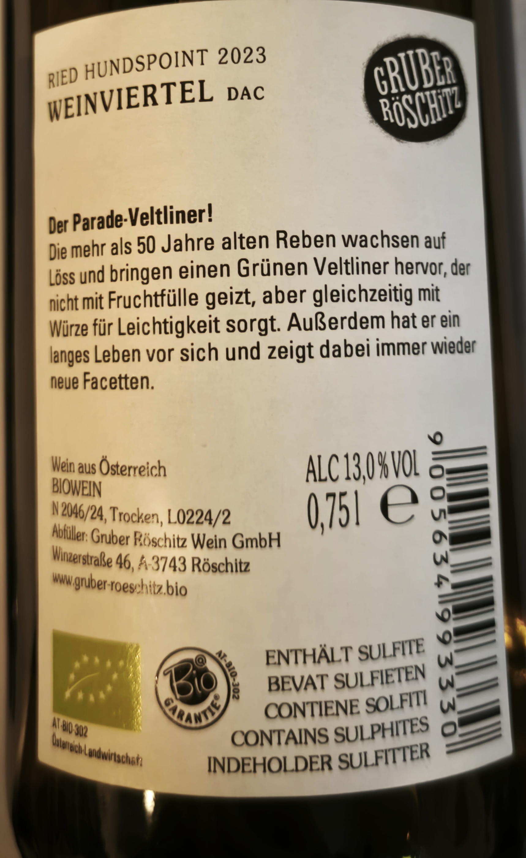 Etiketa Grüner Veltliner Hundspoint