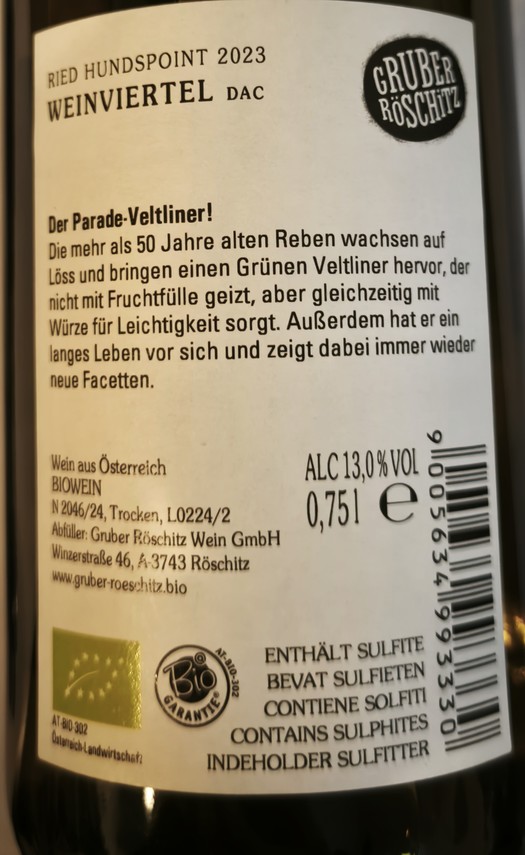 Etiketa Grüner Veltliner Hundspoint