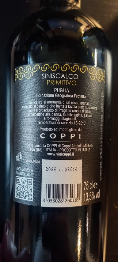 Etiketa Primitivo Puglia Siniscalco